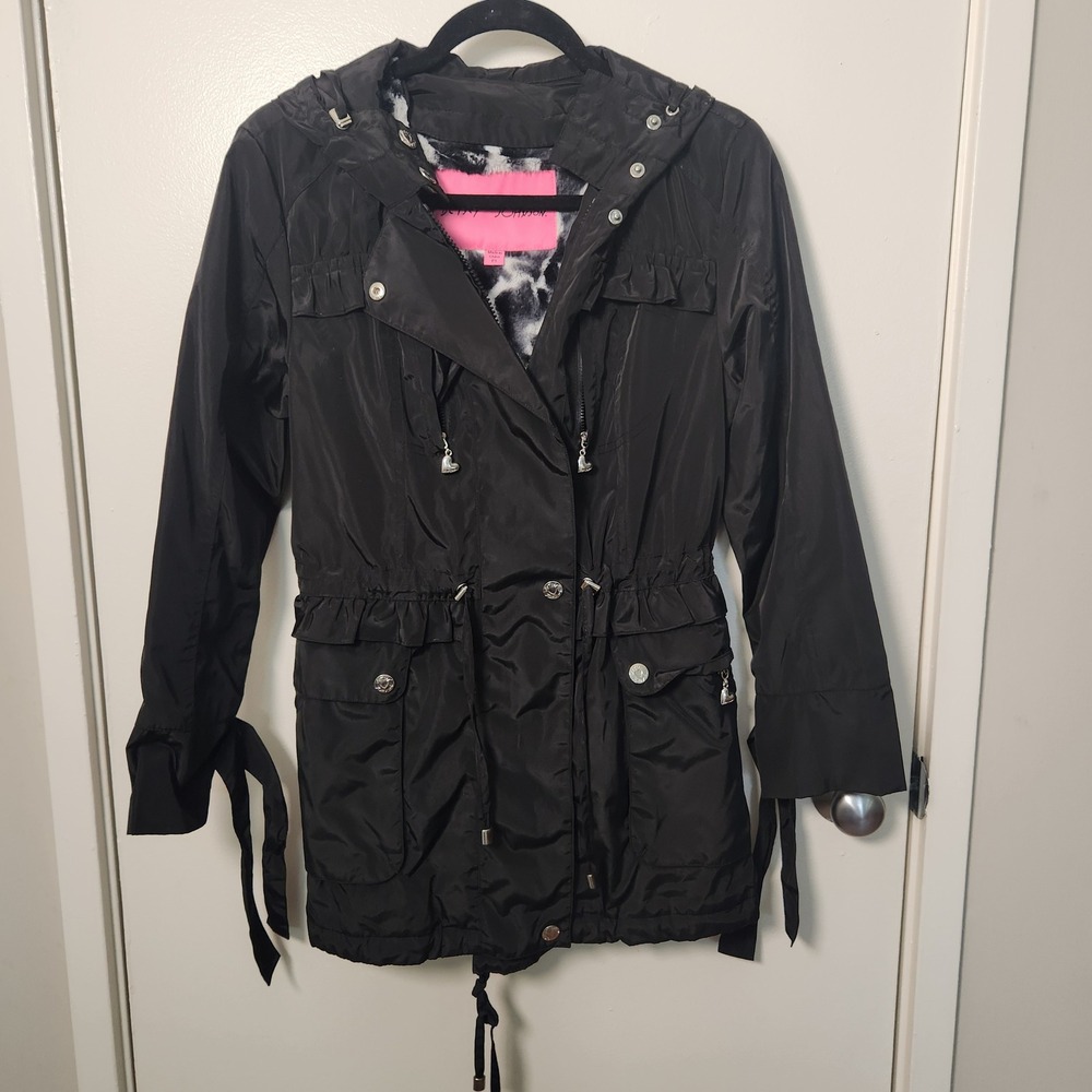 Betsey Johnson Women's Black Windbreaker Raincoat Removable Fleece Leopard Liner
